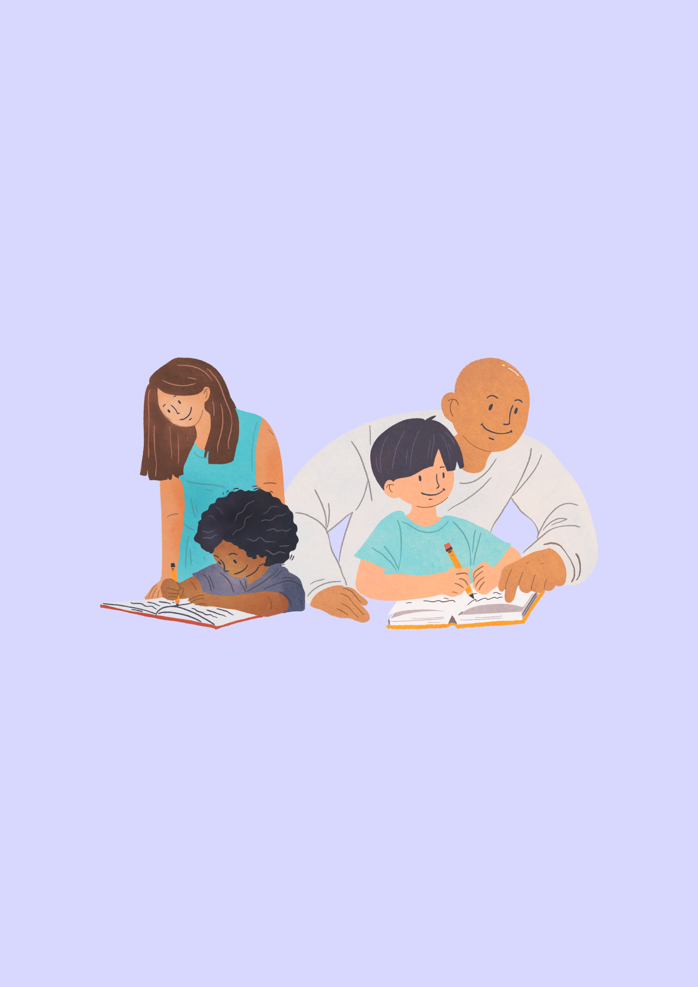 illustration d'une famille qui révise grâce à ClariQuest et à des fiches de révision adaptées à certains troubles de l'apprentissage ou de concentation.